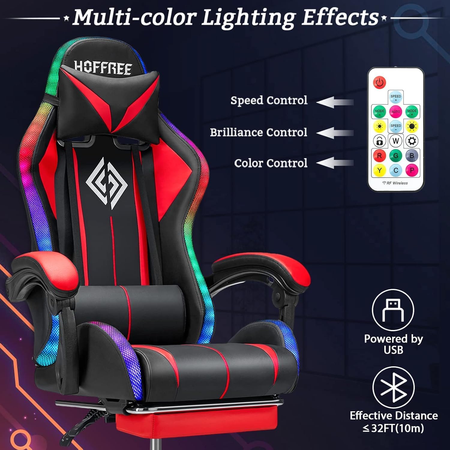 RGB Gaming Chair Massage with LED Lights and Footrest Ergonomic Computer Gaming Chair with High Back Video Game Chair with Adjustable Lumbar Support Red and Black