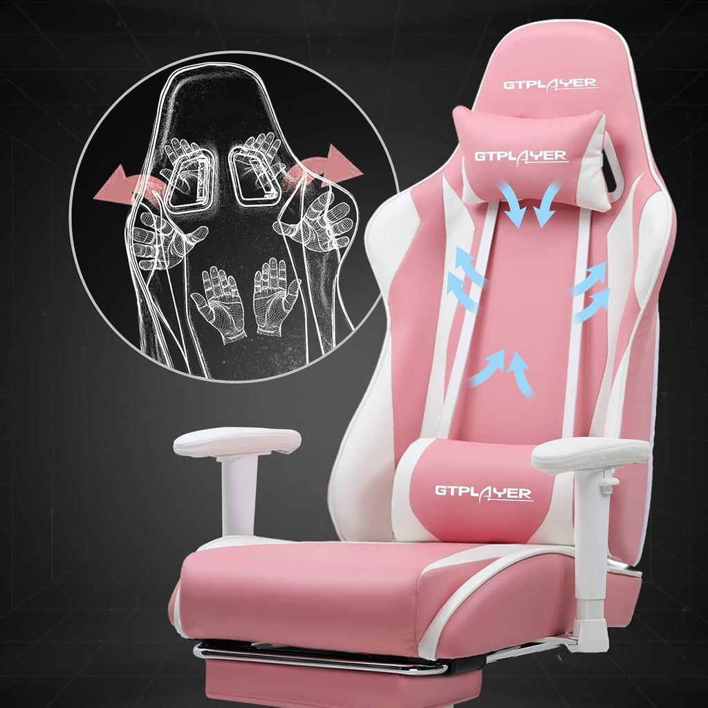 GTPLAYER Gaming Chair with Footrest, Ergonomic Computer Game Desk Chair, Recline Gaming Chair Seat Height Adjustment, Swivel Rocker with Headrest and Lumbar (Pink)