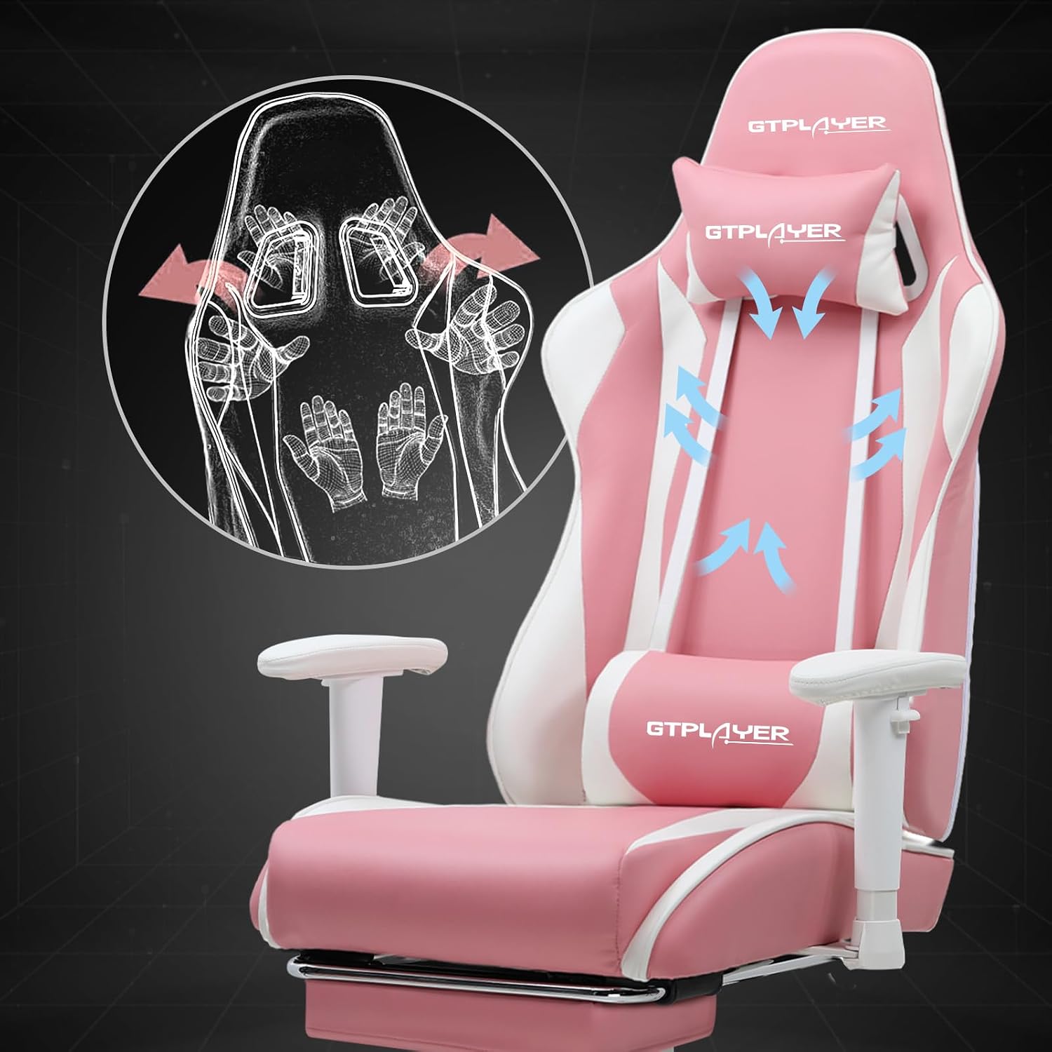 GTPLAYER Gaming Chair with Footrest, Ergonomic Computer Game Desk Chair, Recline Gaming Chair Seat Height Adjustment, Swivel Rocker with Headrest and Lumbar (Pink)