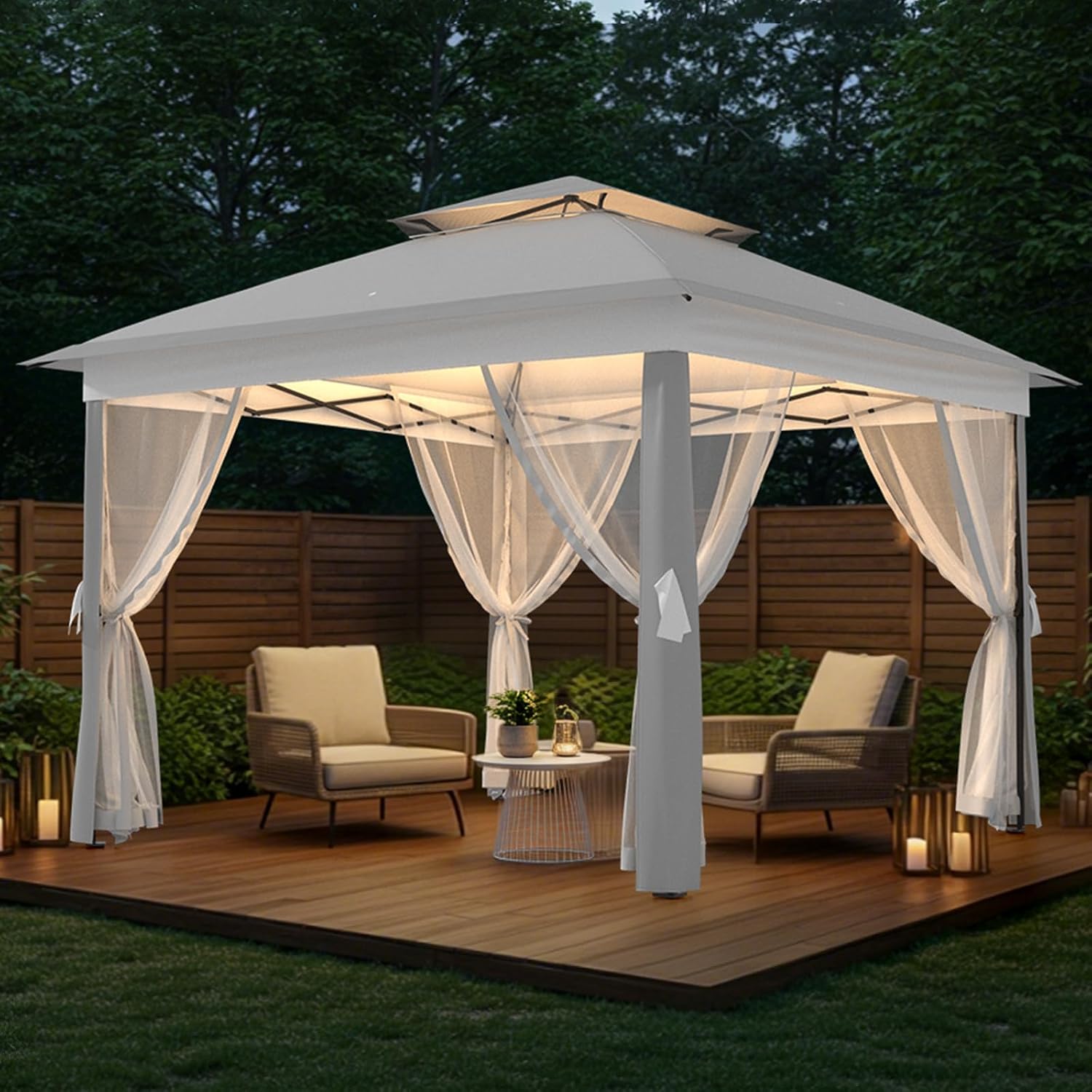 11x11 FT Outdoor Gazebo, Heavy Duty Pavilion With Sturdy Metal Frame & Double Roofs, Patio Shelter With Mosquito Netting, Ideal for Backyard, Garden, Lawn, Deck, Light Grey