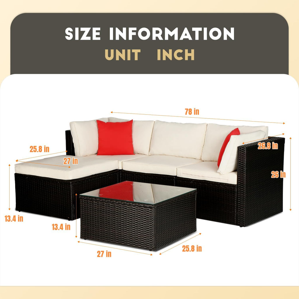5 Pieces Patio Furniture Set Outdoor Sectional Furniture All Weather Outdoor Couch Rattan Sofas Deck Furniture with Sponge Cushion Headrest and Glass Table for Backyard Deck Poolside Yard Pool,Khaki
