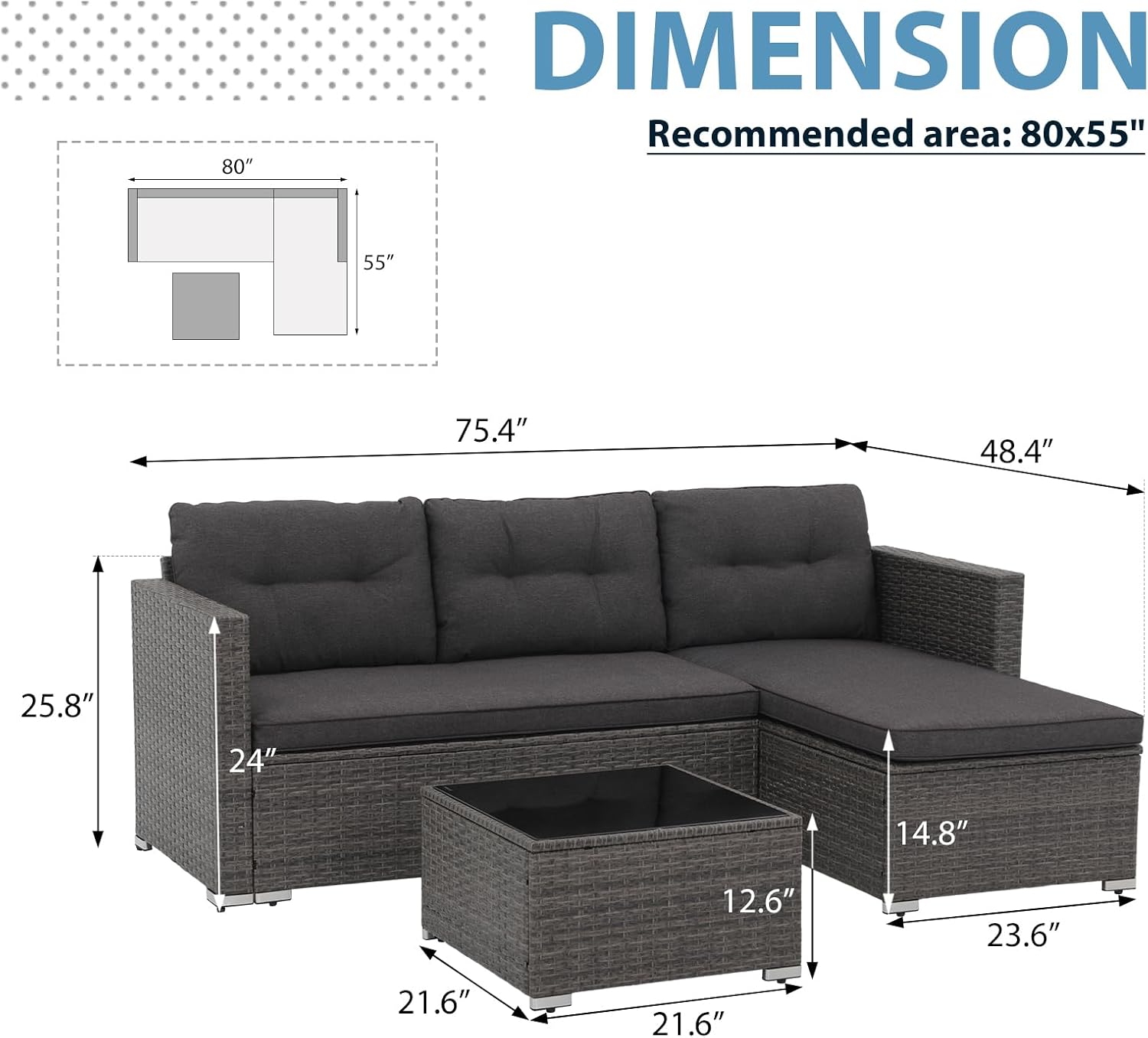 JOIVI Outdoor Patio Furniture Sets, 3-Piece All Weather Wicker Outdoor Conversation Set, Rattan Sectional Sofa Set, Patio Couch with Tempered Glass Table for Porch, Garden, Dark Gray