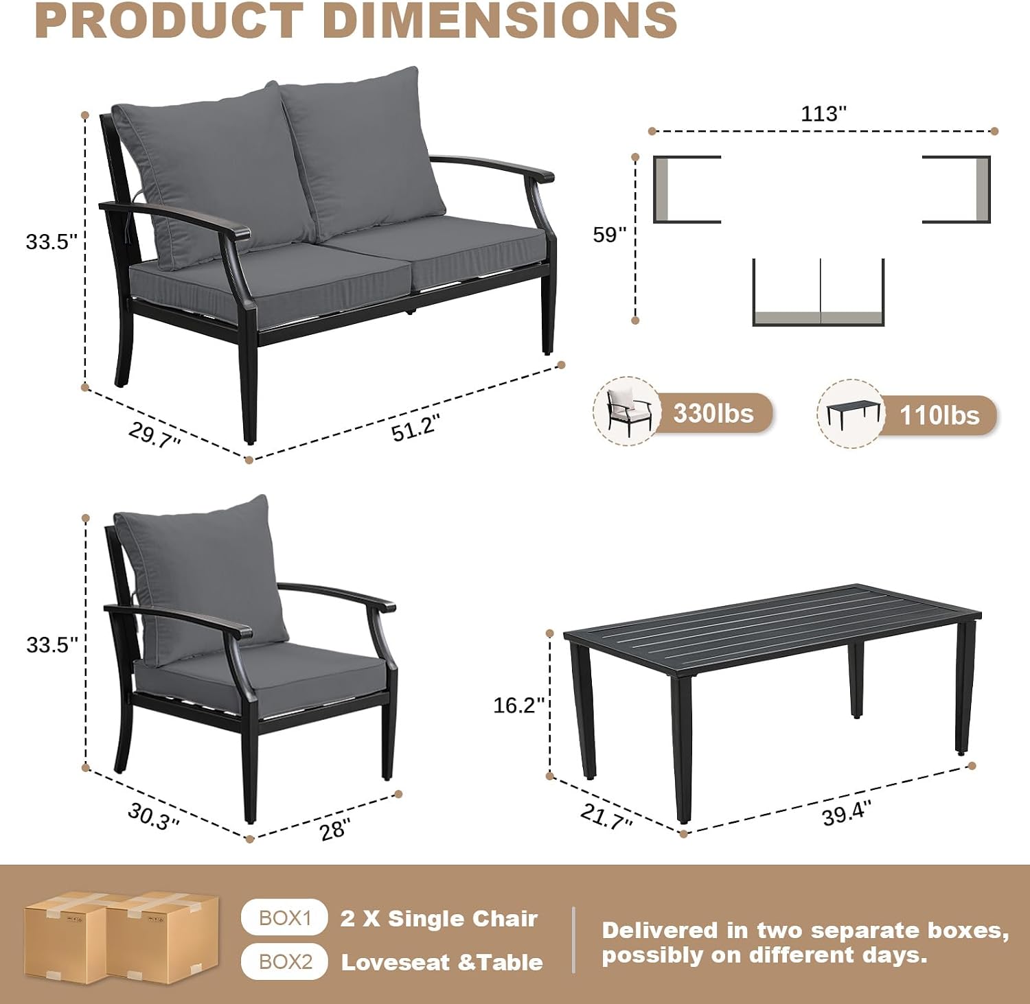 4-Piece Patio Furniture Set, Wider Outdoor Metal Seating Sofa with High Back & Lovsest, Coffee Table, All Weather Rattan Conversation for Backyard, Poolside, Deck-Grey