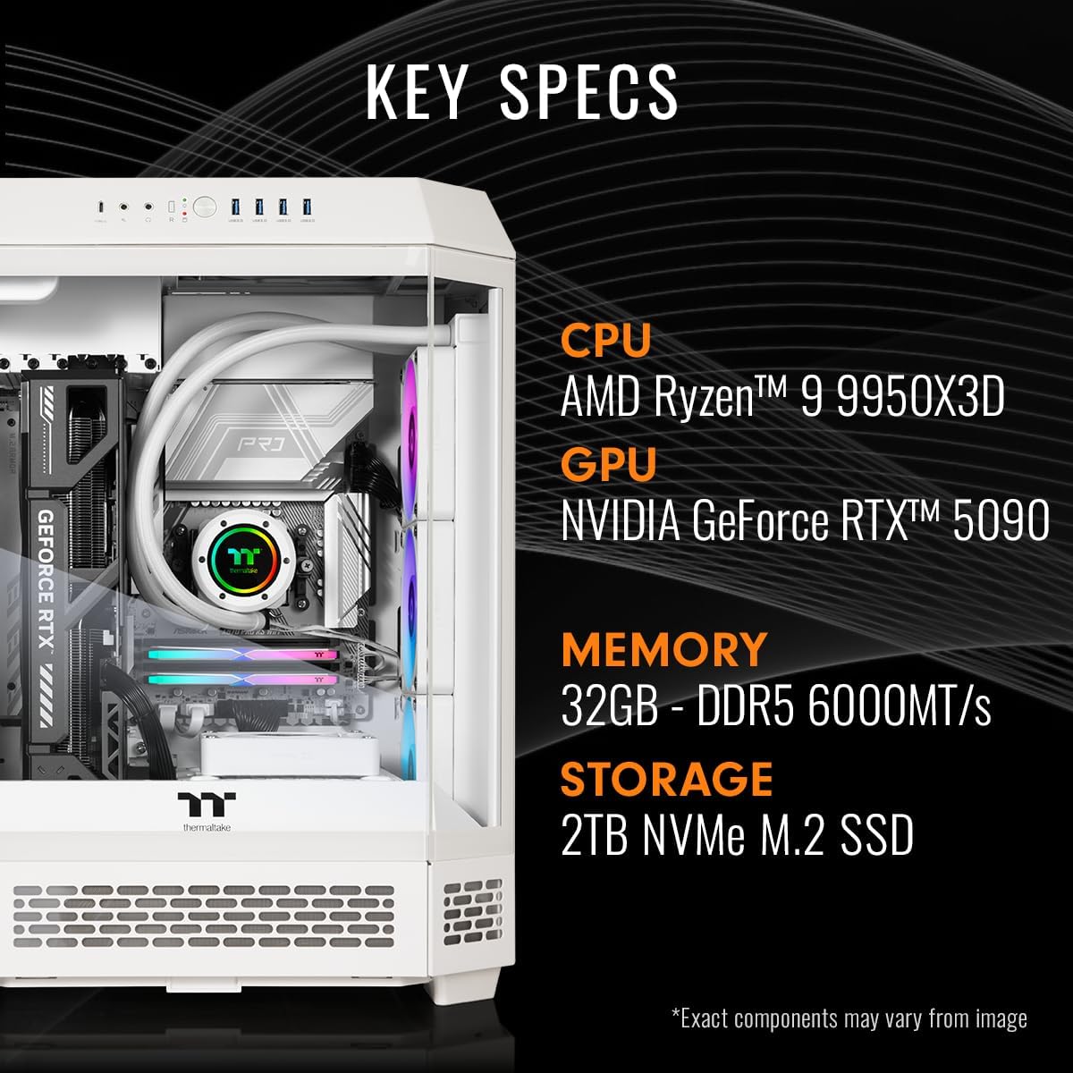 Thermaltake LCGS Reactor 9590S Gaming Desktop (AMD Ryzen™ 9 9950X3D, ToughRam 32GB DDR5 6000MT/s RGB Memory, NVIDIA® GeForce RTX™ 5090, 2TB NVMe M.2, WiFi, Windows 11) T6WT-X87S-590-LCS