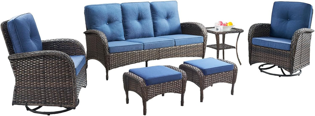 Belord 6 Piece Patio Conversation Sets - Wicker Patio Furniture Sets with Outdoor Swivel Rocker Chairs Outdoor Couch Perfect for Patio Deck Backyard, Brown Wicker Blue Cushion