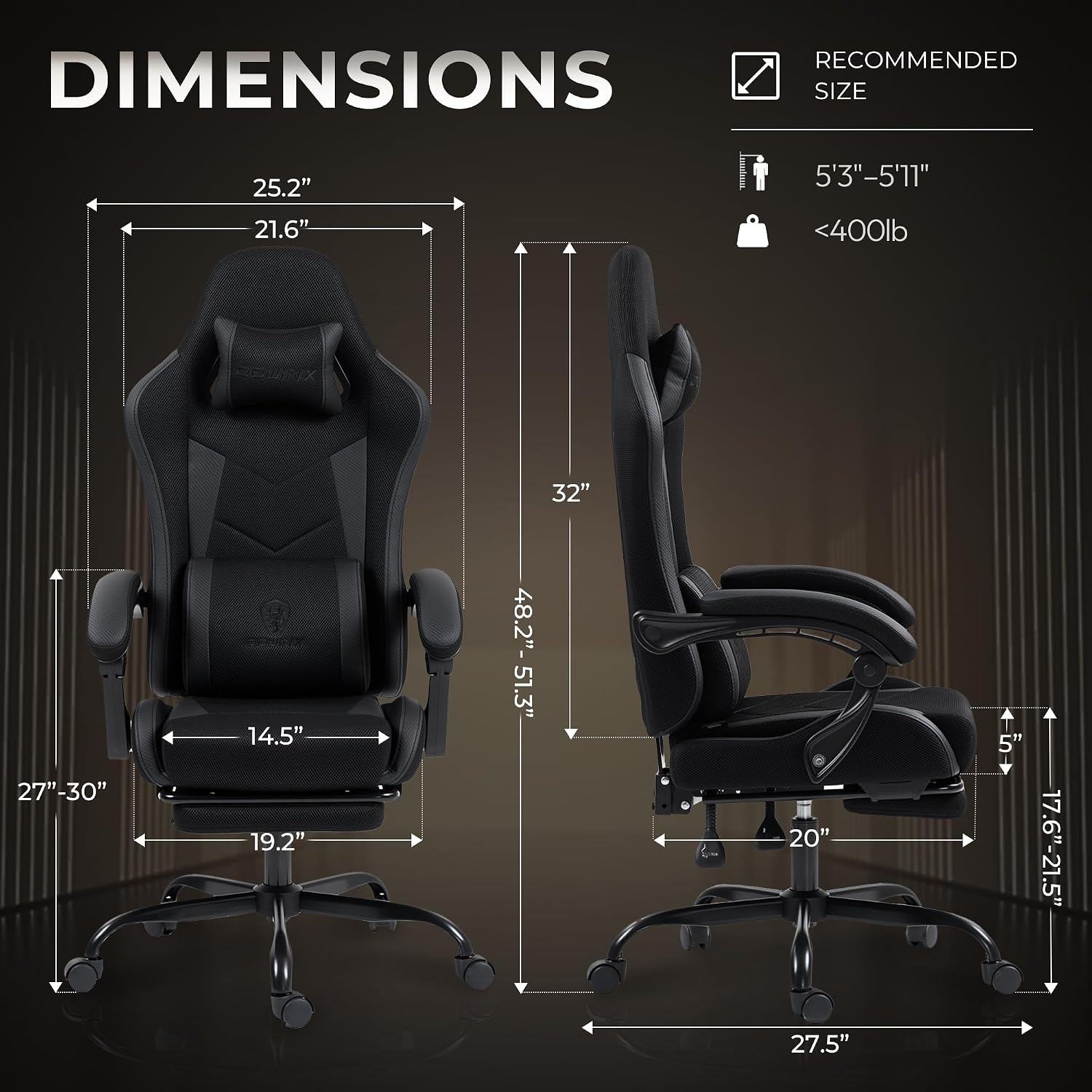Gaming Chair with Footrest, Ergonomic 330lbs Leather Mesh Chair, Massage Lumbar Support, Adjustable Height & Headrest Pillow, Breathable Seat for Office, Home, Streaming, Long Gaming Sessions, Black