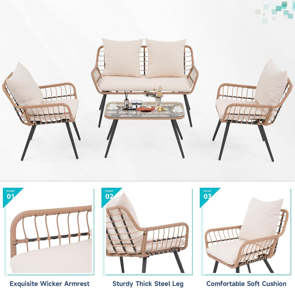 Verano Garden 4 Pieces Patio Furniture Set, Outdoor Wicker Patio Conversation Set for Porch Deck, Boho Loveseat & 2 Armchairs with Cushion and Pillow, Tempered Glass Table