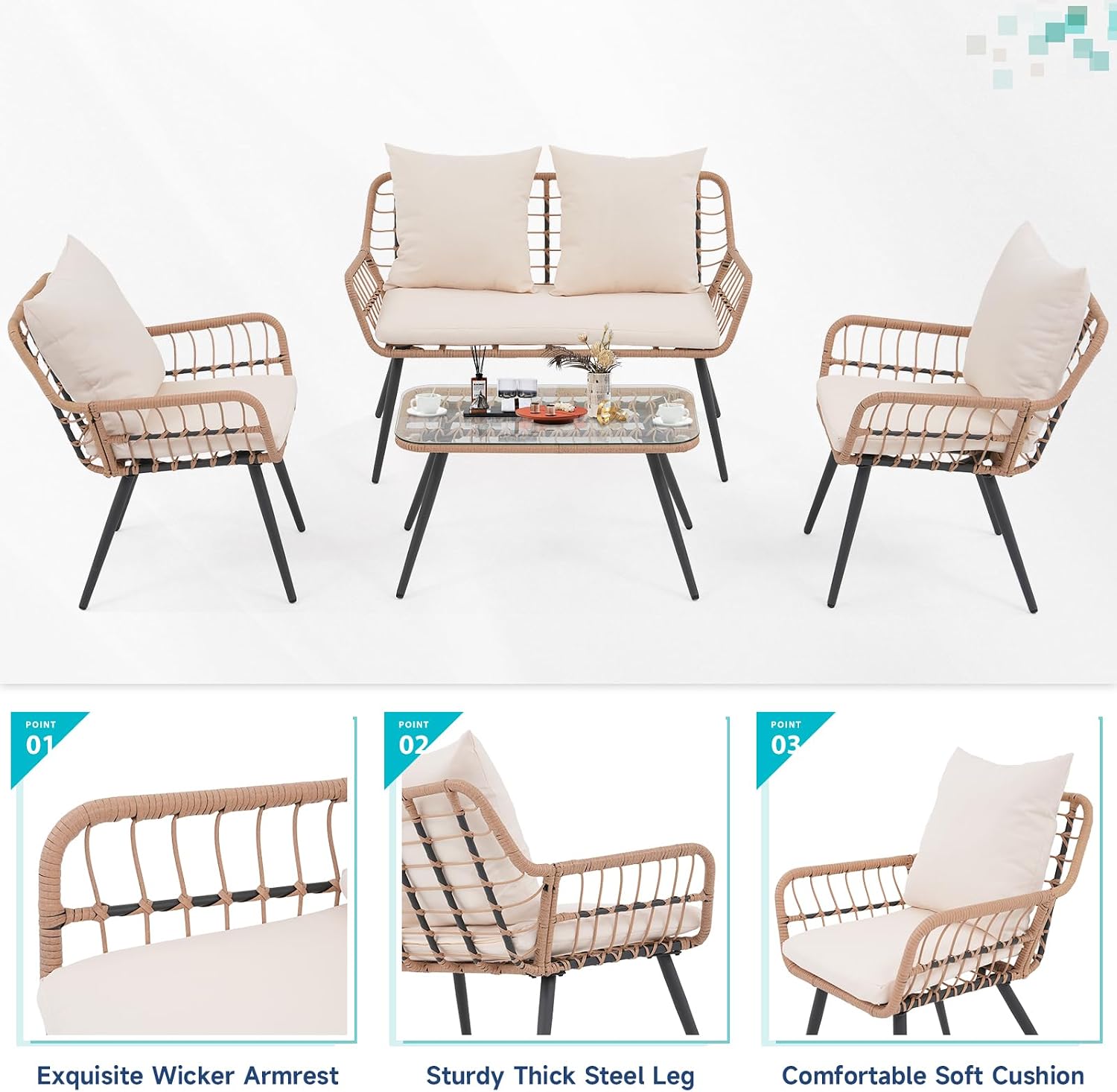 Verano Garden 4 Pieces Patio Furniture Set, Outdoor Wicker Patio Conversation Set for Porch Deck, Boho Loveseat & 2 Armchairs with Cushion and Pillow, Tempered Glass Table