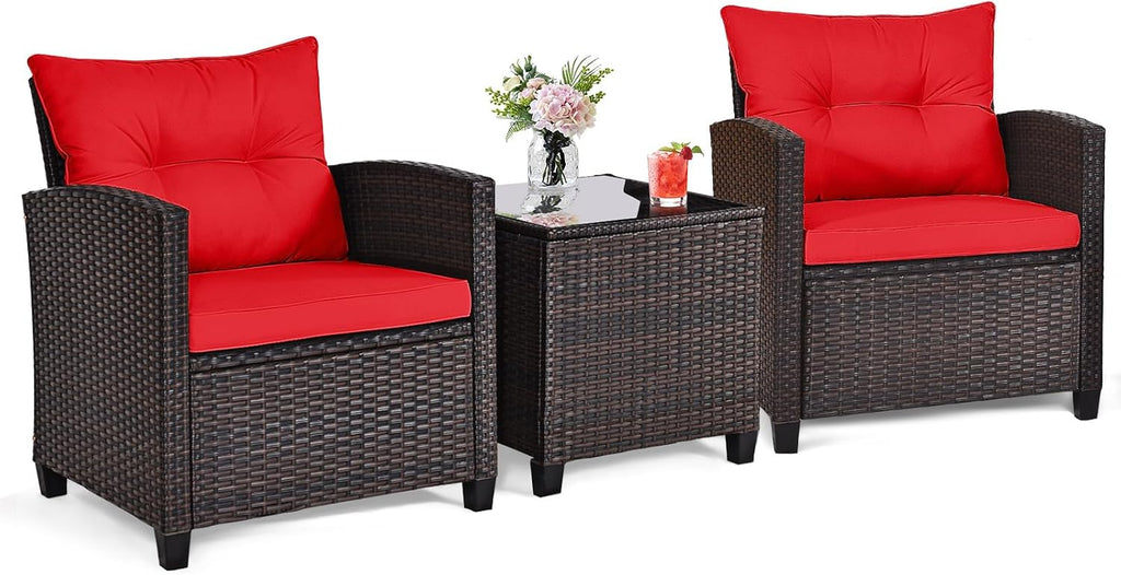 ORALNER 3 Pieces Patio Furniture Set, Outdoor Wicker Conversation Set Rattan Chairs with Cushions, Glass Coffee Table, Bistro Set for Front Porch Balcony Garden Deck Poolside (Red)
