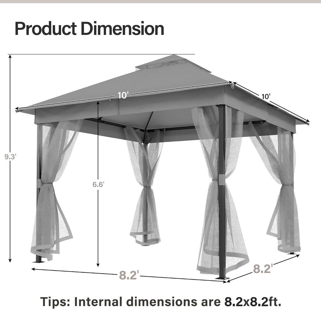 LAUSAINT HOME 10' X 10' Waterproof Patio Gazebo with Mosquito Netting, Double Roof Outdoor Gazebo Pavilion Shelter for Backyard, Garden, Lawn, Wedding (Grey)