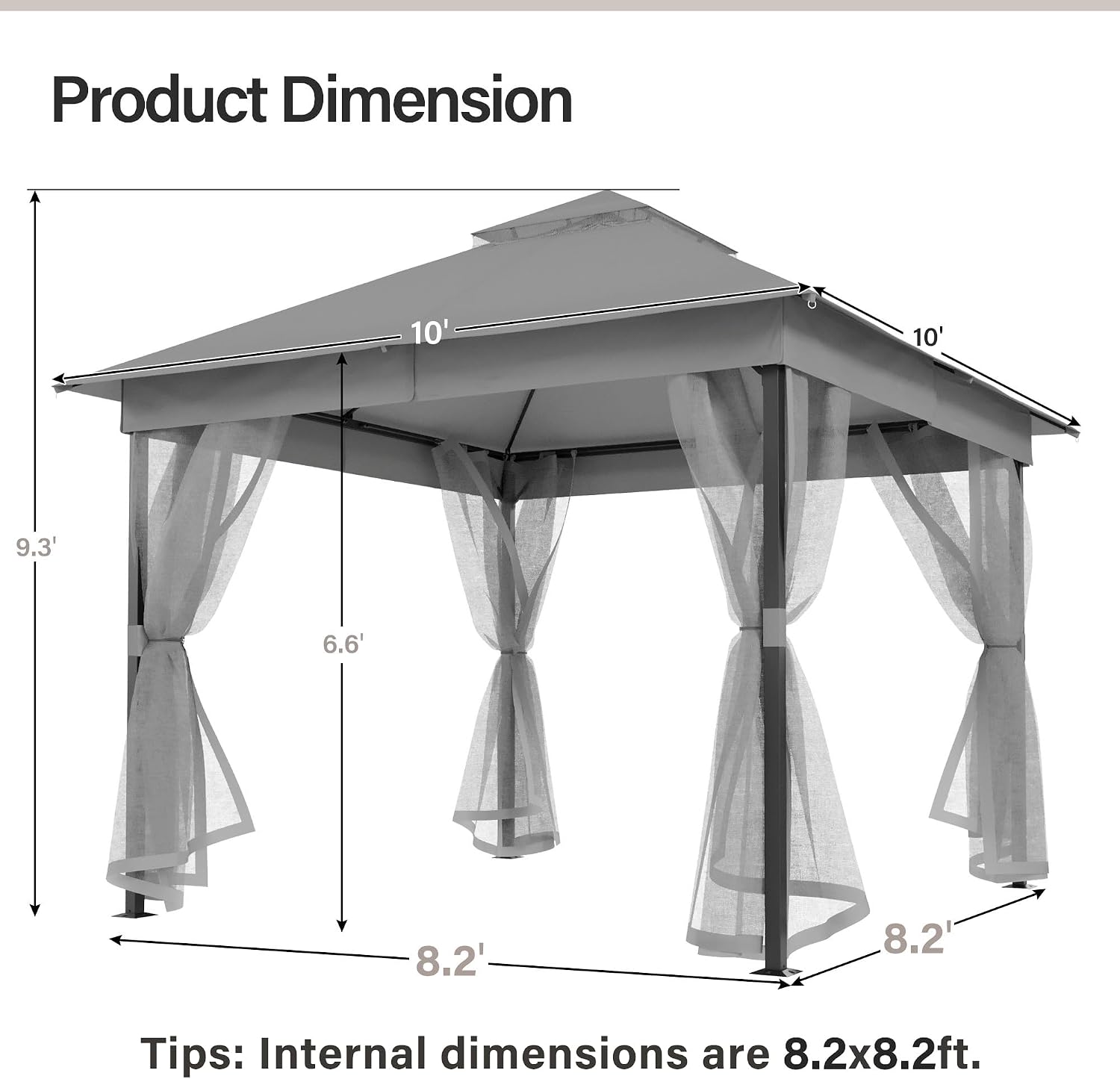 LAUSAINT HOME 10' X 10' Waterproof Patio Gazebo with Mosquito Netting, Double Roof Outdoor Gazebo Pavilion Shelter for Backyard, Garden, Lawn, Wedding (Grey)