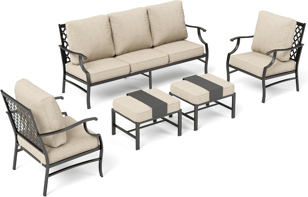 SUNSHINE VALLEY Patio Furniture Set, Modern Metal Outdoor Patio Furniture, 3 Seater Sofa, 2 Fixed Chairs, 2 Ottomans and 5.75' Extra Thick Cushion, Patio Conversation Set for Garden Backyard Deck