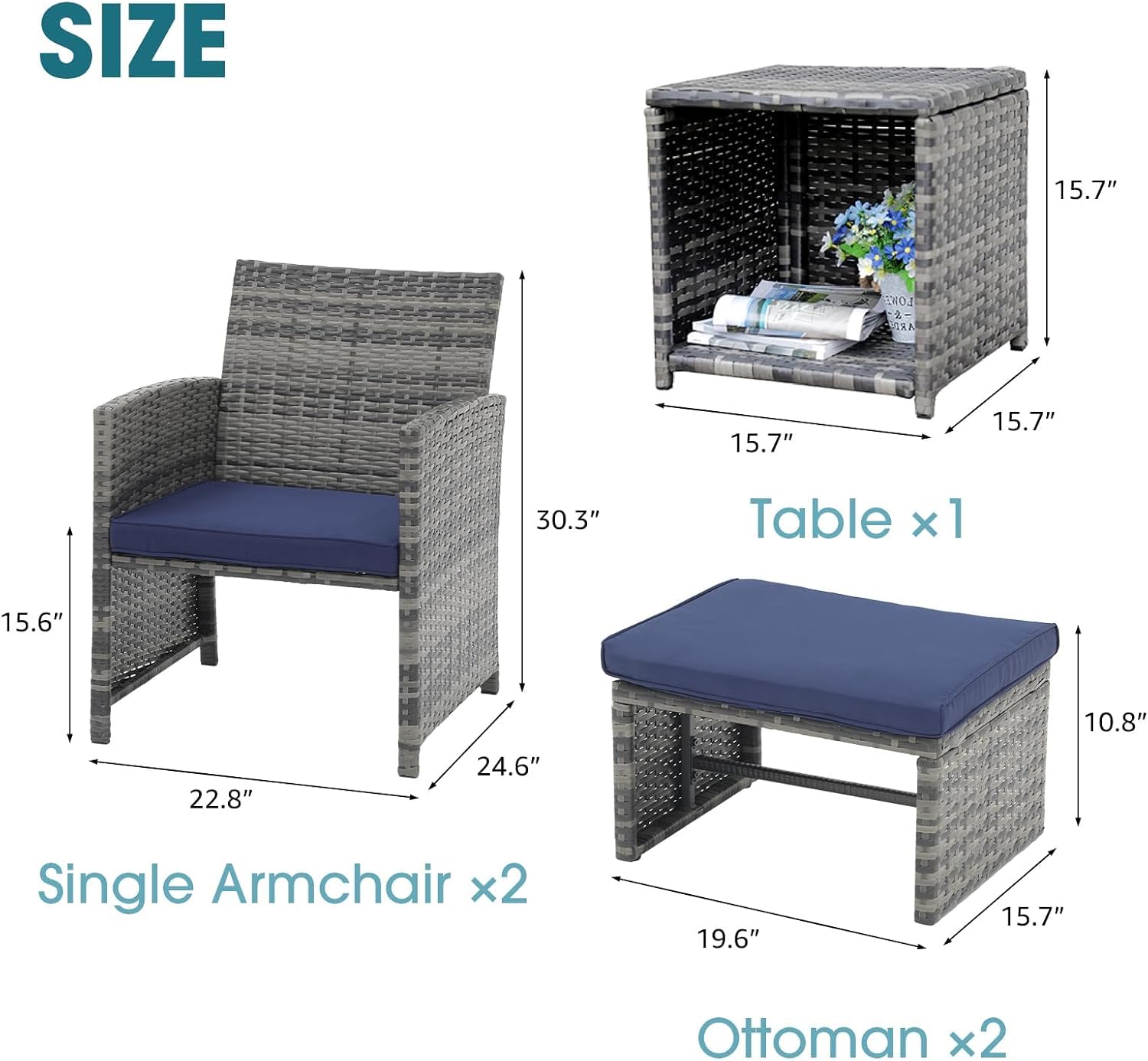 OC Orange-Casual 5 Piece Patio Furniture Set, Wicker Outdoor Conversation Chair and Ottoman Set with Coffee Table, Pillows Included, for Balcony, Porch, Deck, Navy Blue