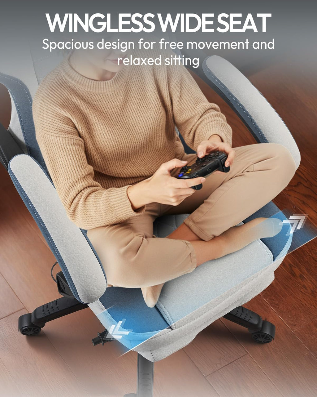 Dowinx Gaming Chair Breathable Fabric Game Chair with Gel Pad and Storage Bag, Comfortable Gamer Chair with Pocket Spring Cushion, Ergonomic Computer Chair with Footrest, Grey and Blue