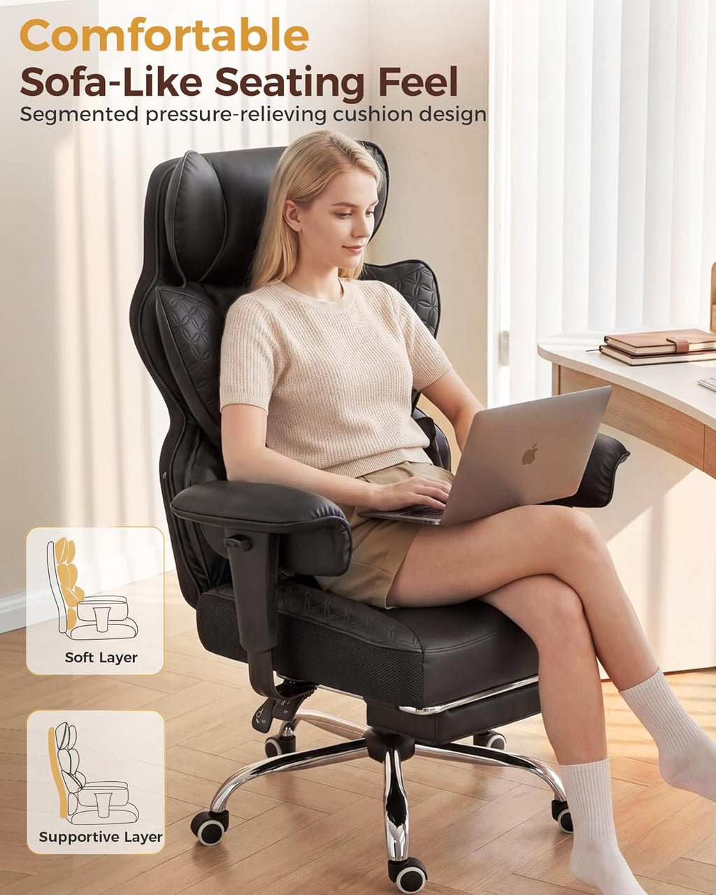 COMHOMA Big and Tall Office Chair Heavy Duty Gaming Chair with Deluxe Embossing Leather High Back Wider Ergonomic Computer Chair with Foot Rest 150°Reclining Pocket Spring Lumbar Support