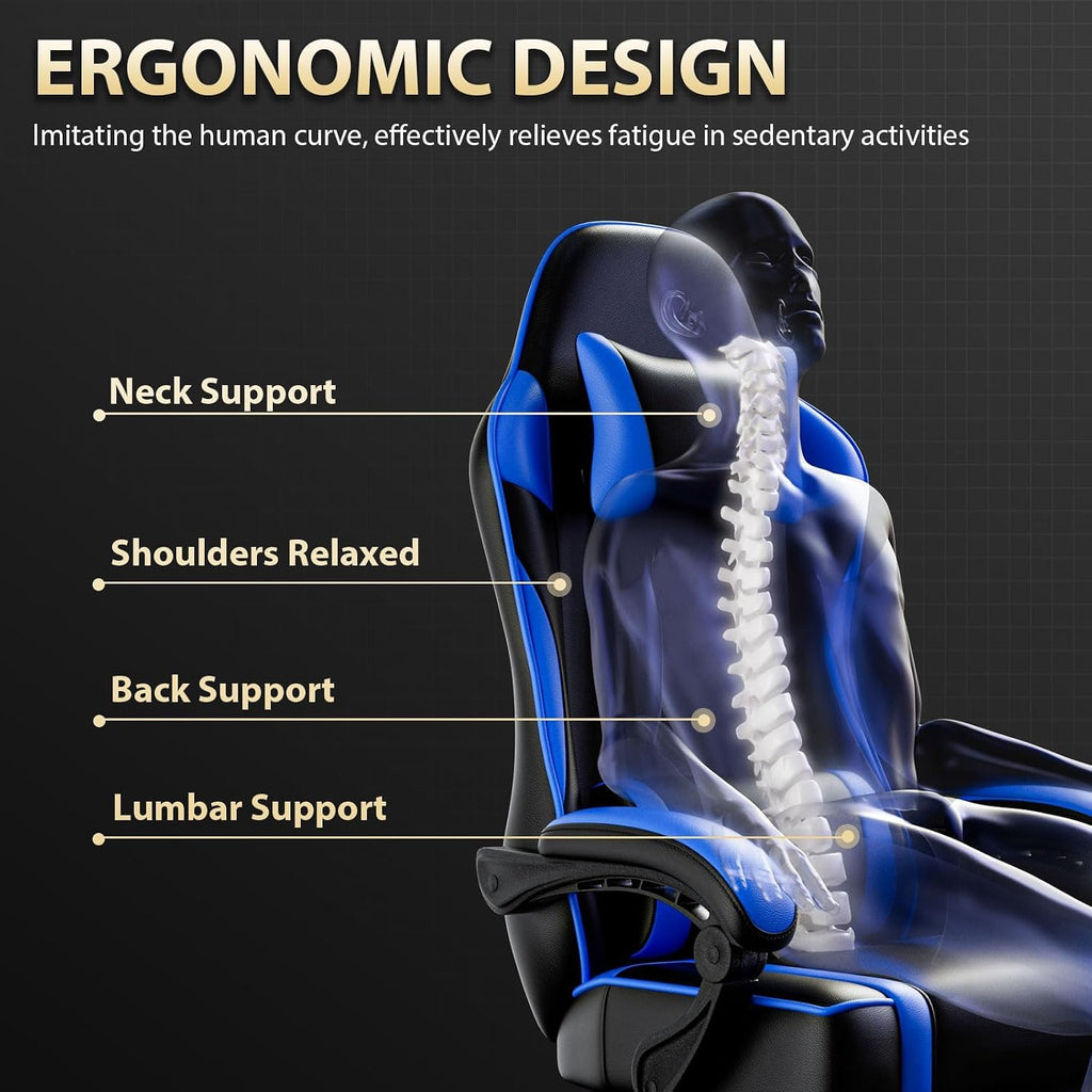 Ergonomic Gaming Chair with Footrest, PU Leather Video Game Chairs for Adults, 360°Swivel Adjustable Office Chair Gamer Chair, Comfortable Computer Chair for Heavy People (Blue)