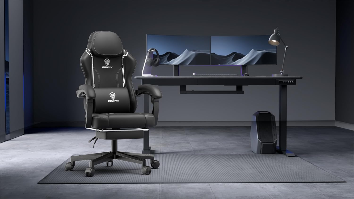 Dowinx Gaming Chair with Pocket Spring Cushion, Ergonomic Computer Chair with Massage Lumbar and Footrest for Adults, High Back Game Chair Leather for Office Gaming 300LBS, Black