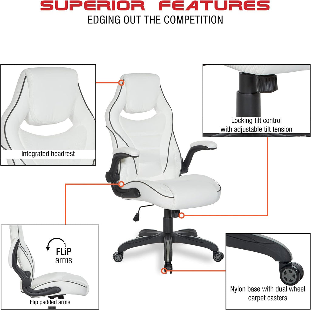 OSP Home Furnishings Xeno Ergonomic Adjustable Faux Leather Gaming Chair with Integrated Headrest and Airflow Cooling Material, Black with Red Accents