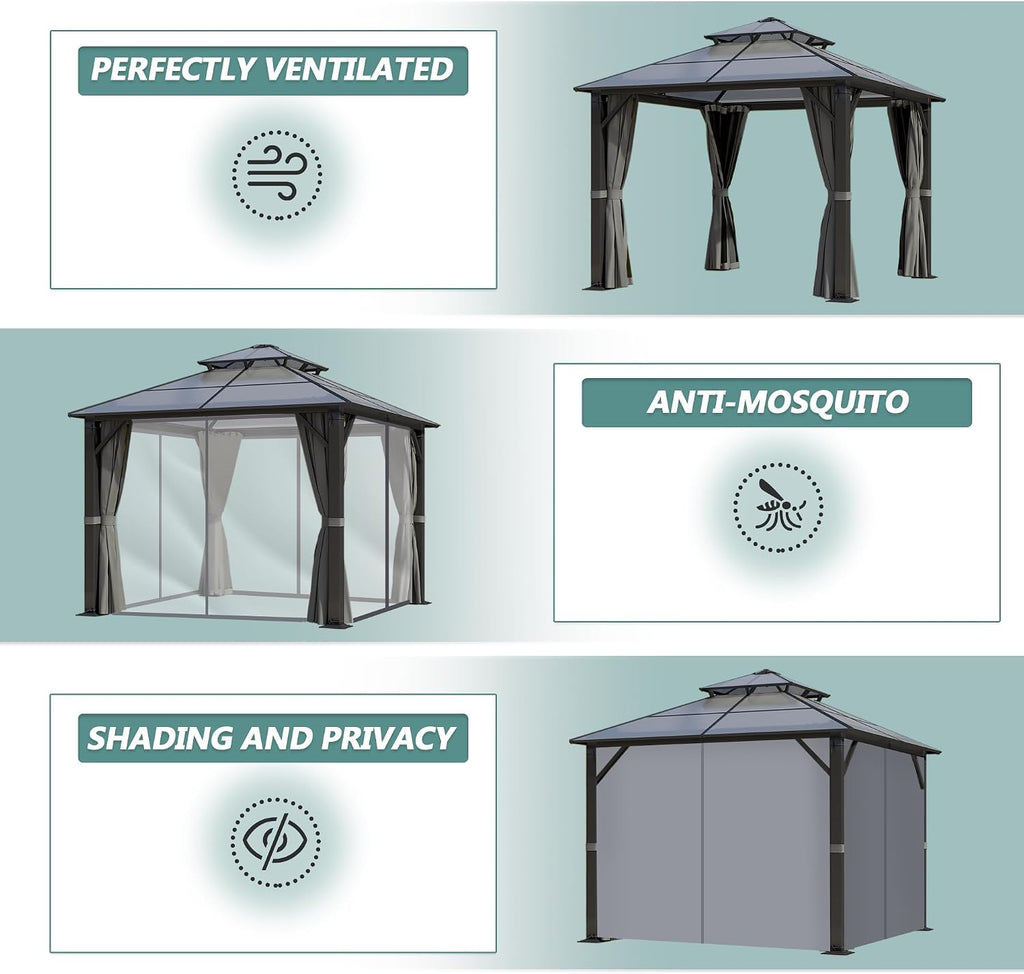 10'x10' Hardtop Gazebo, Upgrade Outdoor Polycarbonate Gazebos with Netting and Curtains, Heavy Duty Metal Pavilion for Patio, Backyard, Deck and Lawn
