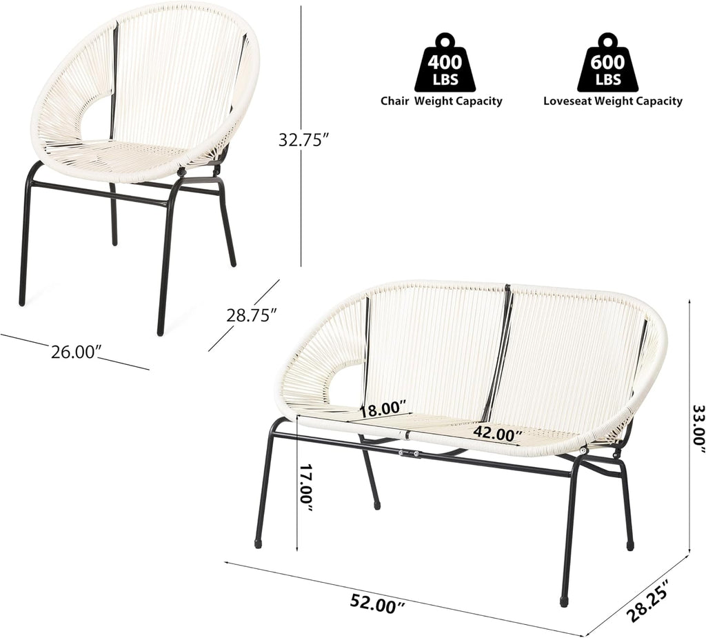 Christopher Knight Home Dessa 3 Piece Patio Furniture Set, Patio Wicker Accent Chair Set of 2 and Loveseat, Metal Frame 4 Seater Outdoor Papasan Lounge Chair Set, PE Rattan Outdoor Bistro Set, White