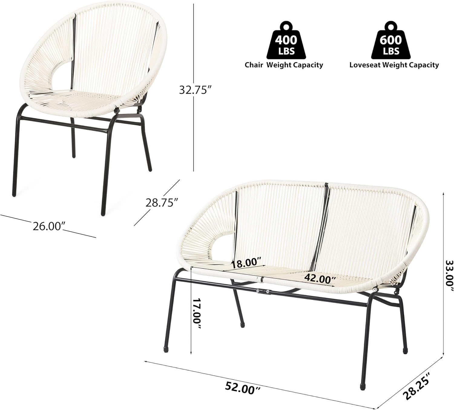 Christopher Knight Home Dessa 3 Piece Patio Furniture Set, Patio Wicker Accent Chair Set of 2 and Loveseat, Metal Frame 4 Seater Outdoor Papasan Lounge Chair Set, PE Rattan Outdoor Bistro Set, White