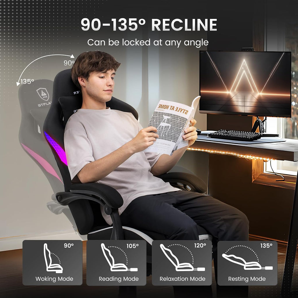 GTPLAYER RGB Gaming Chair with Footrest, LED Lights, Ergonomic Computer Chair with Linkage Armrest, Breathable Fabric for Home Office Desk - Video Game Chairs for Adults, Warm Red