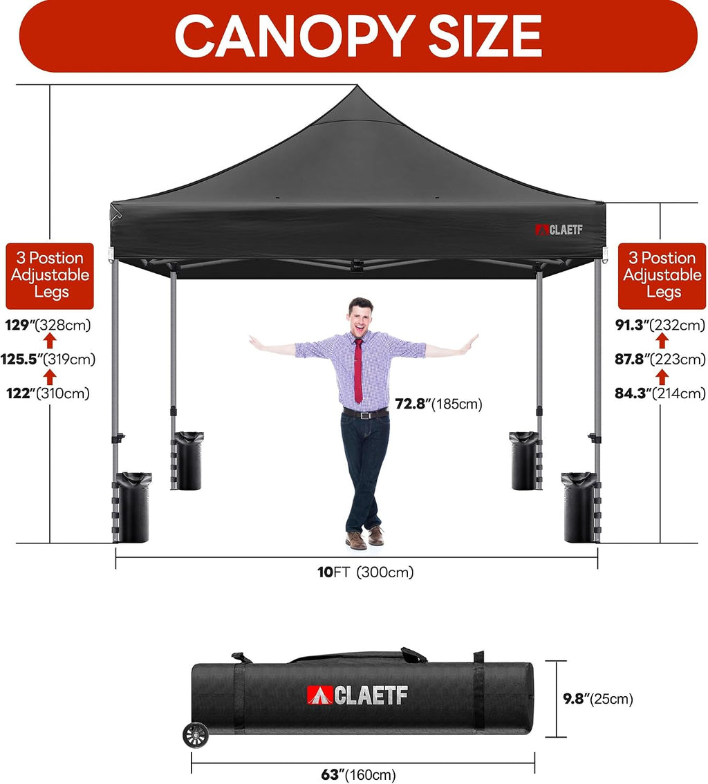 Heavy Duty Pop Up Canopy Tent-8 Drainage Holes,Waterproof & UPF 50+,4 Sandbags,8 Stakes for Commercial,Outdoor Events Instant Set Up,(Black 10x10)