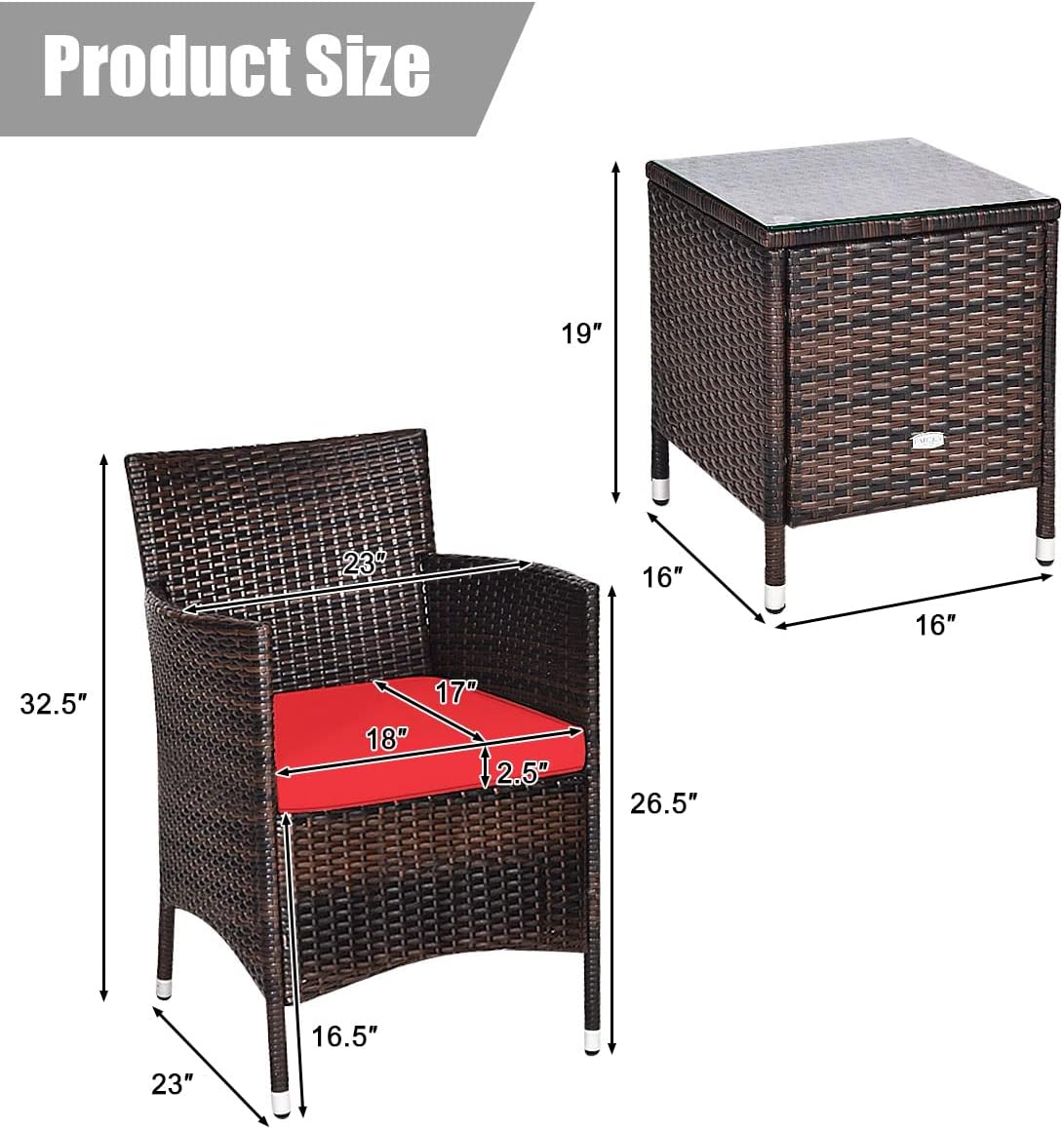 Tangkula Patio Furniture Set 3 Piece, Outdoor Wicker Rattan Conversation Set with Coffee Table, Chairs & Thick Cushions, Suitable for Patio Garden Lawn Backyard Pool (Red)