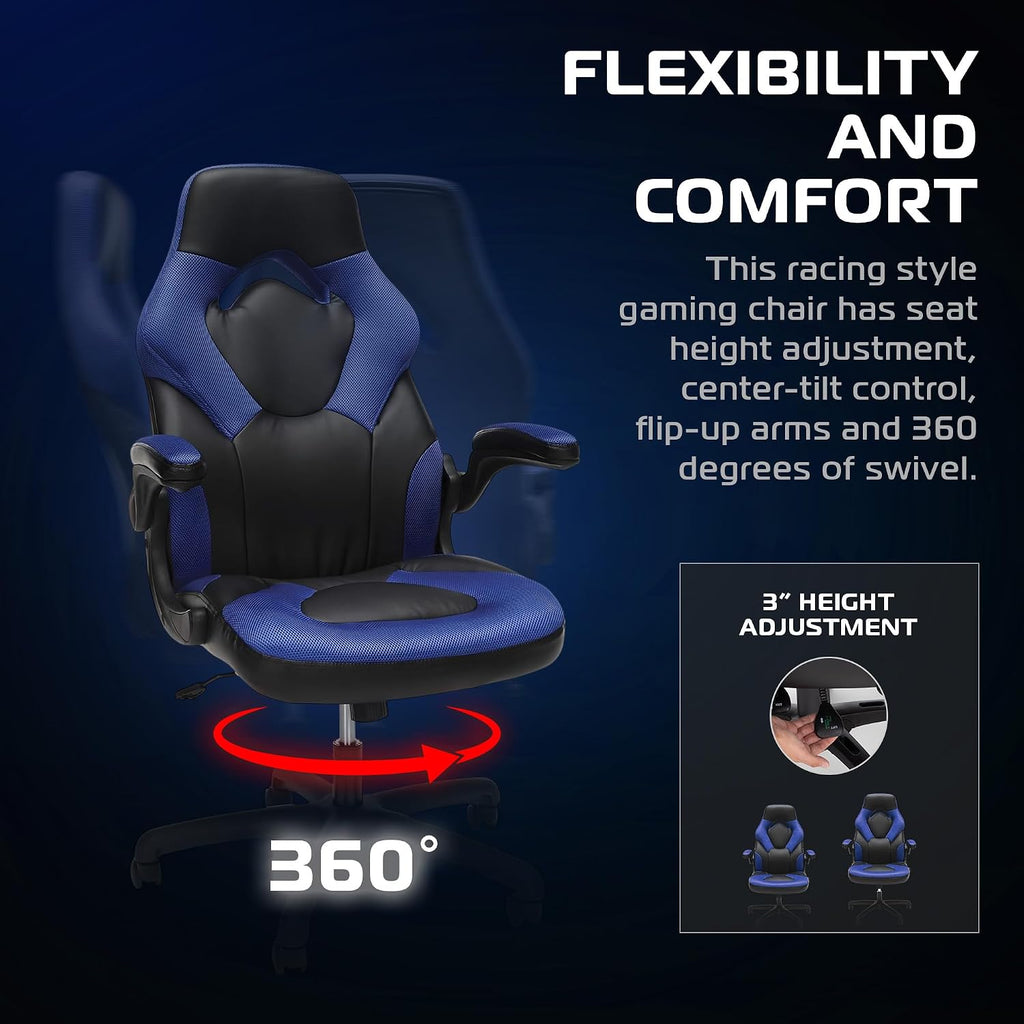 RESPAWN 3085 Ergonomic Gaming Chair for Adults, High Back Office Chair with Headrest and Flip Up Arms, Leather Racing Style Gaming Seat with Lumbar Support, Video Game Computer Desk Seat - Blue