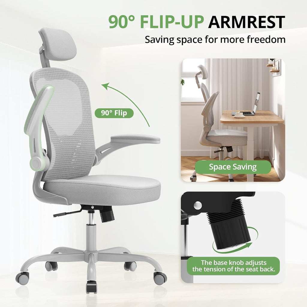 Synorla Office Chair Ergonomic Desk Chair, 330LBS Capacity, High Back Computer Design for Long Hours Comfort, Rolling Swivel Executive Task for Home Office with Flip-up Armrests（Grey）