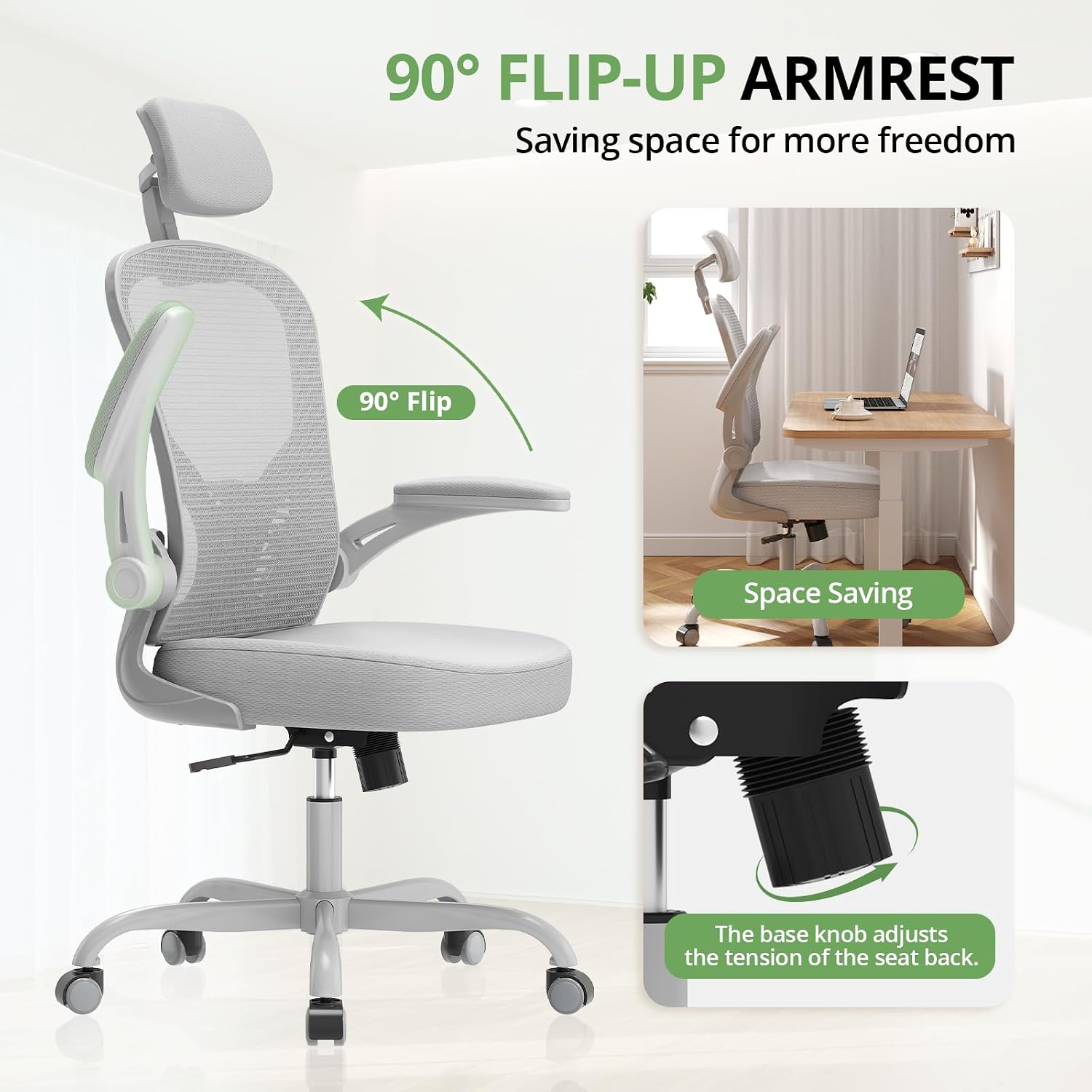 Synorla Office Chair Ergonomic Desk Chair, 330LBS Capacity, High Back Computer Design for Long Hours Comfort, Rolling Swivel Executive Task for Home Office with Flip-up Armrests（Grey）