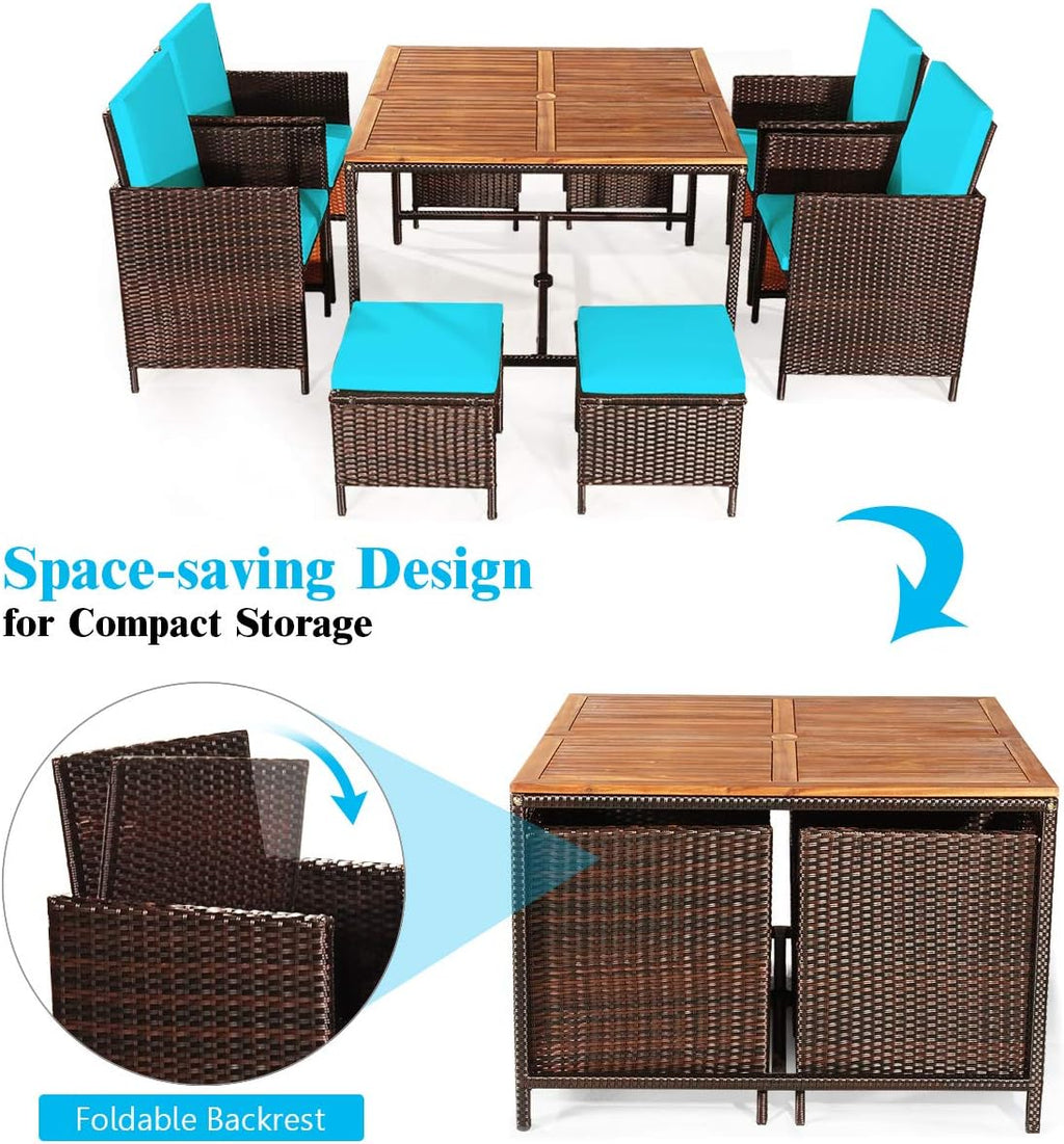 Tangkula 9 Pieces Acacia Wood Patio Dining Set, Space Saving Wicker Chairs and Wood Table with Umbrella Hole Outdoor Furniture Set, Suitable for Garden, Yard, Poolside, Outdoor Seating Set