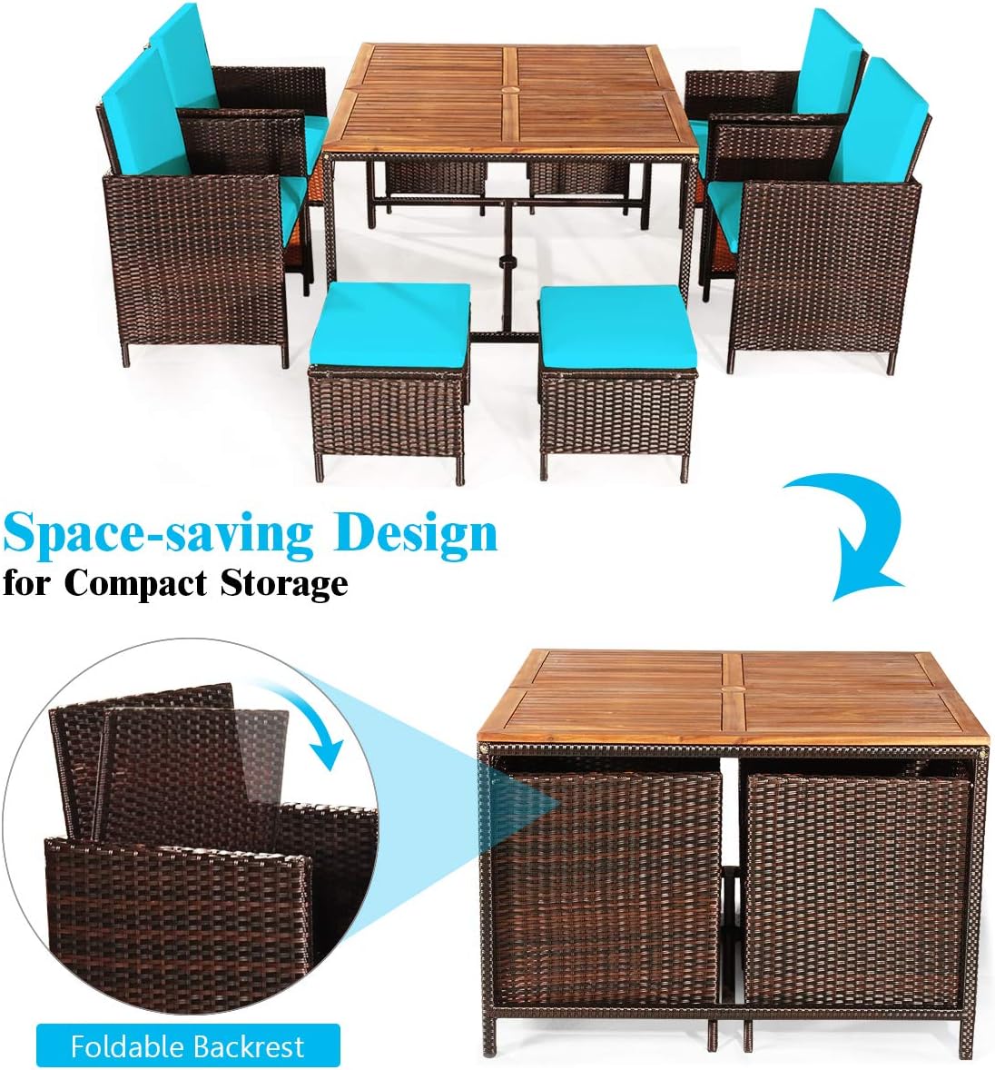 Tangkula 9 Pieces Acacia Wood Patio Dining Set, Space Saving Wicker Chairs and Wood Table with Umbrella Hole Outdoor Furniture Set, Suitable for Garden, Yard, Poolside, Outdoor Seating Set