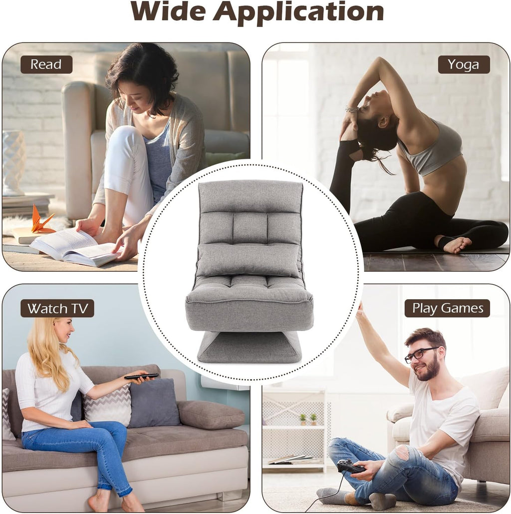 Giantex Adjustable Swivel Floor Chair - 5 Position Video Game Chair with Swivel Base, Steel Frame, Massage Lumbar Pillow, Foldable Lazy Sofa Lounger for Adults Teens, Meditating, No Assembly (Gray)