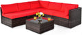 COSTWAY 6-Piece Outdoor Patio Furniture Set, Rattan Sectional Sofa Set with Tempered Glass Coffee Table and Cushions for Garden, Deck, Backyard (Red)