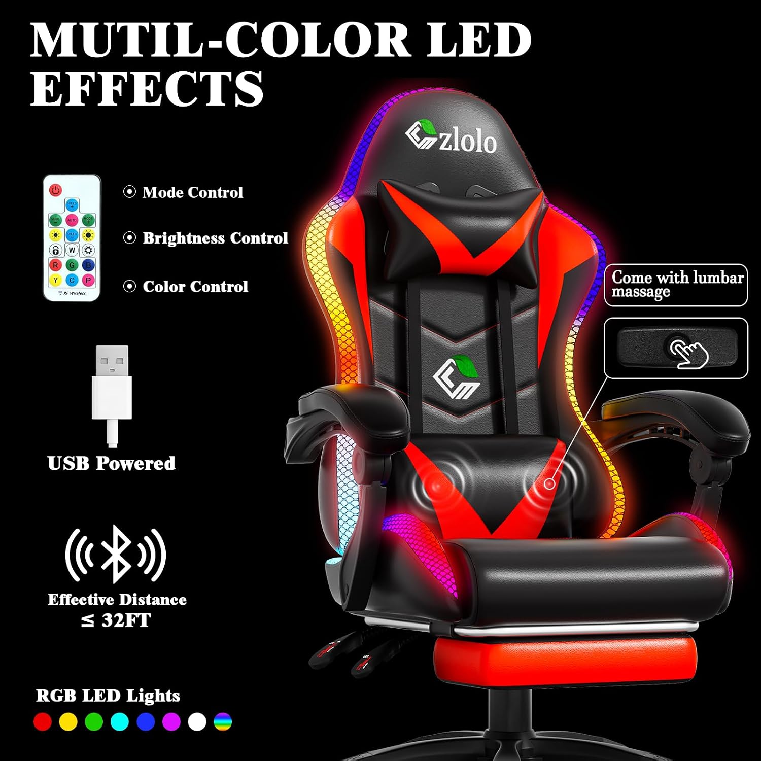 Czlolo Gaming Chair, RGB LED Lights Computer Chair with Footrest, Lumbar Support Massager Gamer Chair, High Back, 90-135° Reclining, Linkage Armrests, Red