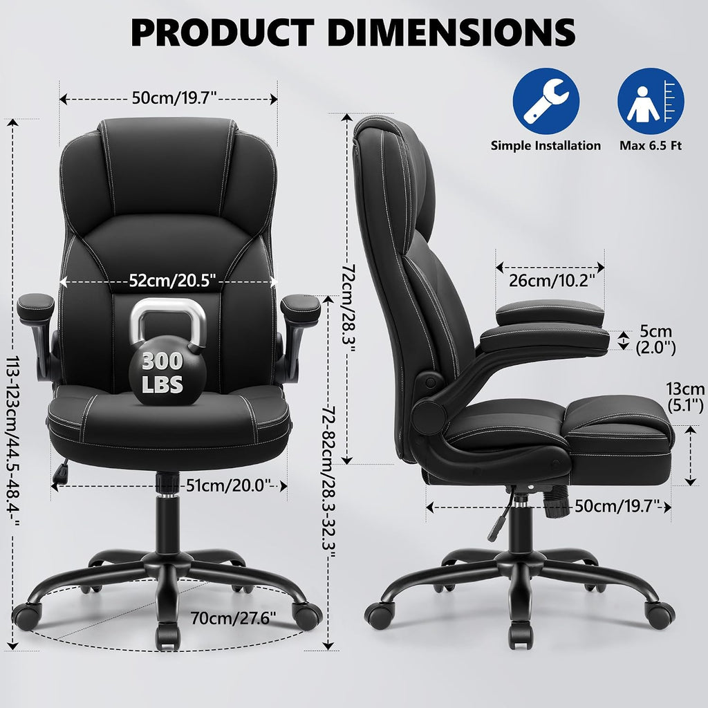 PU Leather Executive Office Chair, Ergonomic High-Back Computer & Gaming Chair with Adjustable Height, Rolling Swivel & Flip-Up Armrests, Comfy Padded Seat for Home Office-Black
