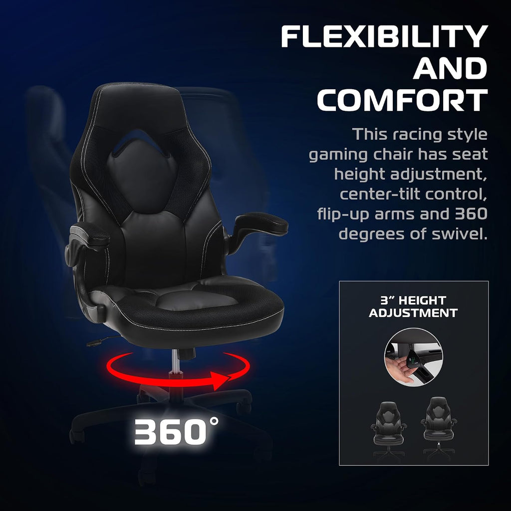 RESPAWN 3085 Ergonomic Gaming Chair for Adults, High Back Office Chair with Headrest and Flip Up Arms, Leather Racing Style Gaming Seat with Lumbar Support, Video Game Computer Desk Seat - Black