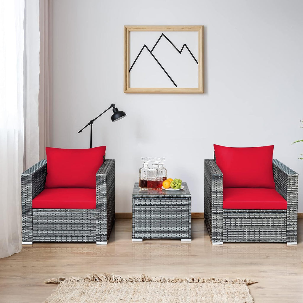Tangkula 3 Pieces Patio Furniture Set, PE Rattan Wicker Sofa Set w/Washable Cushion and Tempered Glass Tabletop, Outdoor Conversation Furniture for Garden Poolside Backyard