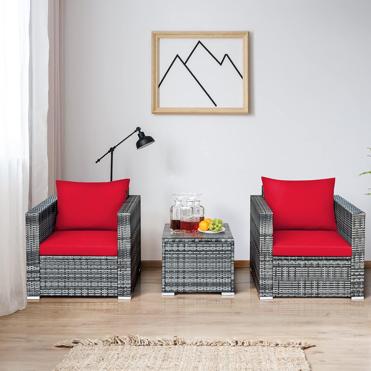 Tangkula 3 Pieces Patio Furniture Set, PE Rattan Wicker Sofa Set w/Washable Cushion and Tempered Glass Tabletop, Outdoor Conversation Furniture for Garden Poolside Backyard