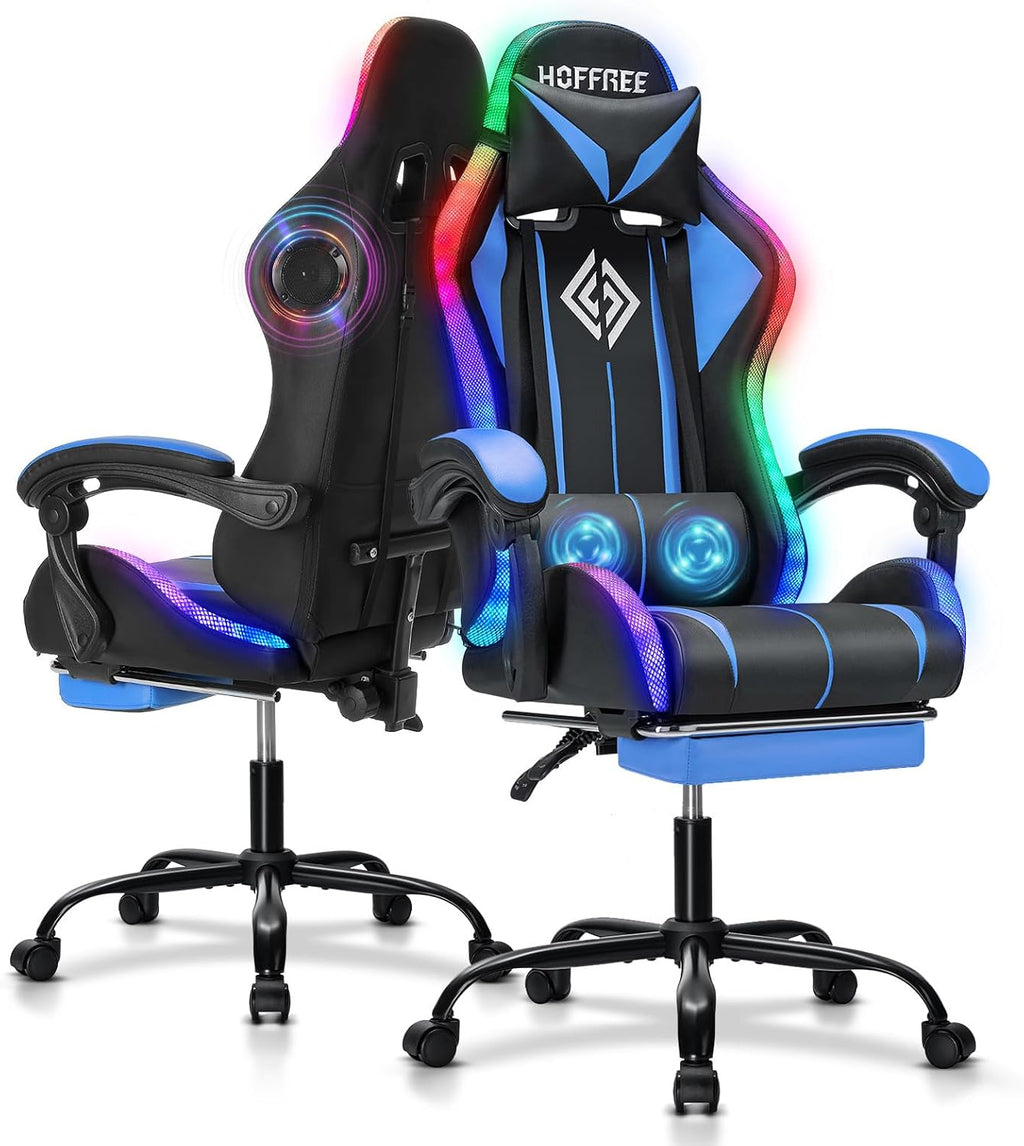 Gaming Chair with Bluetooth Speakers and RGB LED Lights Ergonomic Massage Video Game Chair with Footrest High Back with Lumbar Support Blue and Black
