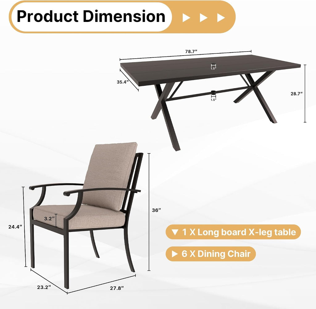 Gotland 7 Piece Outdoor Dining Set, Metal Outdoor Table and Chairs with X-Shaped Legs 1.5' Umbrella Hole, Patio Furniture Set with Waterproof Cushions, Patio Dining Sets for Backyard Deck Khaki