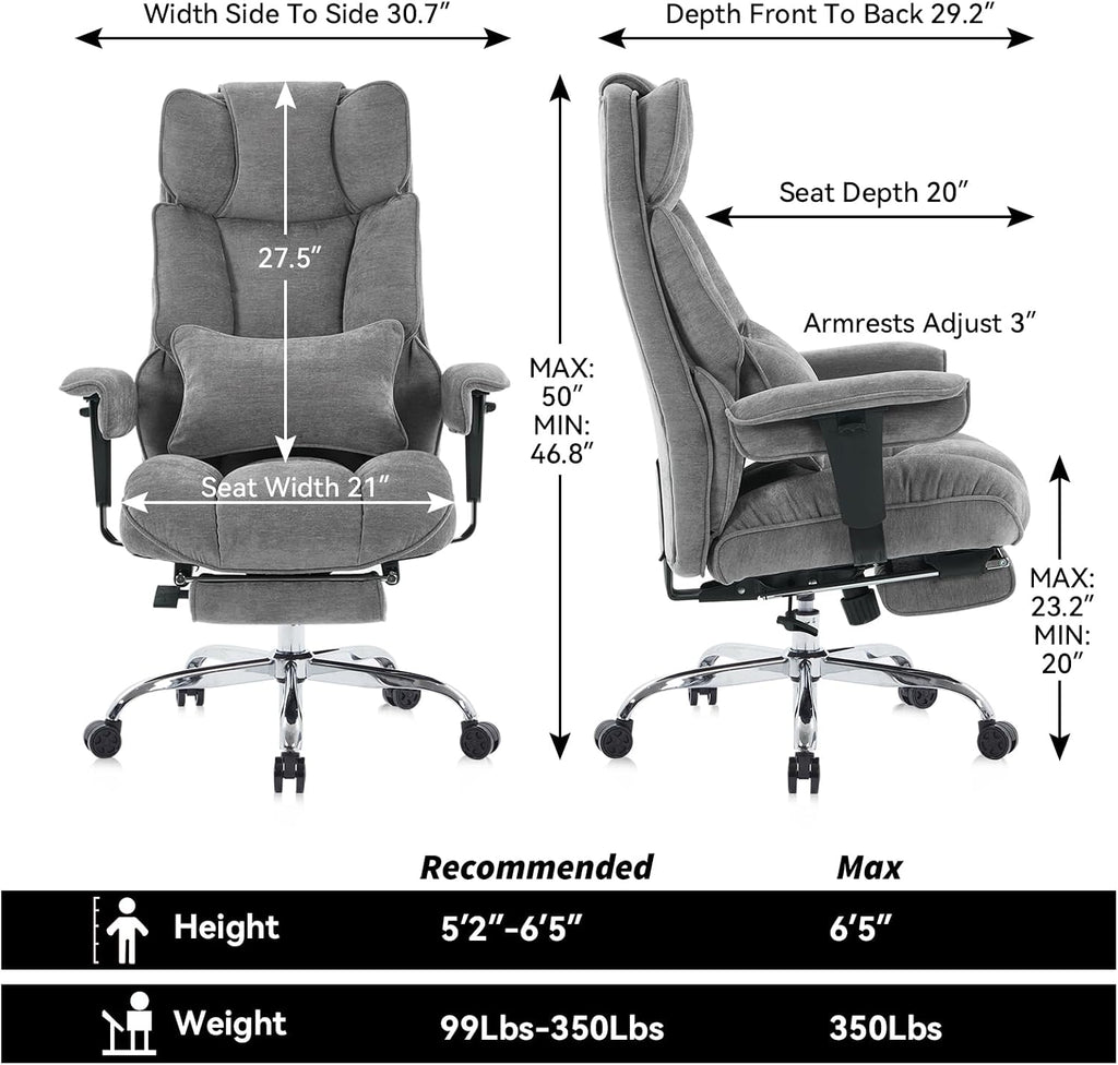 Efomao Executive Office Chair, Soft-Cushioned Computer Chair with Foot Rest, Fabric Home Office Desk Chairs, Big and Tall Office Chairs, Grey