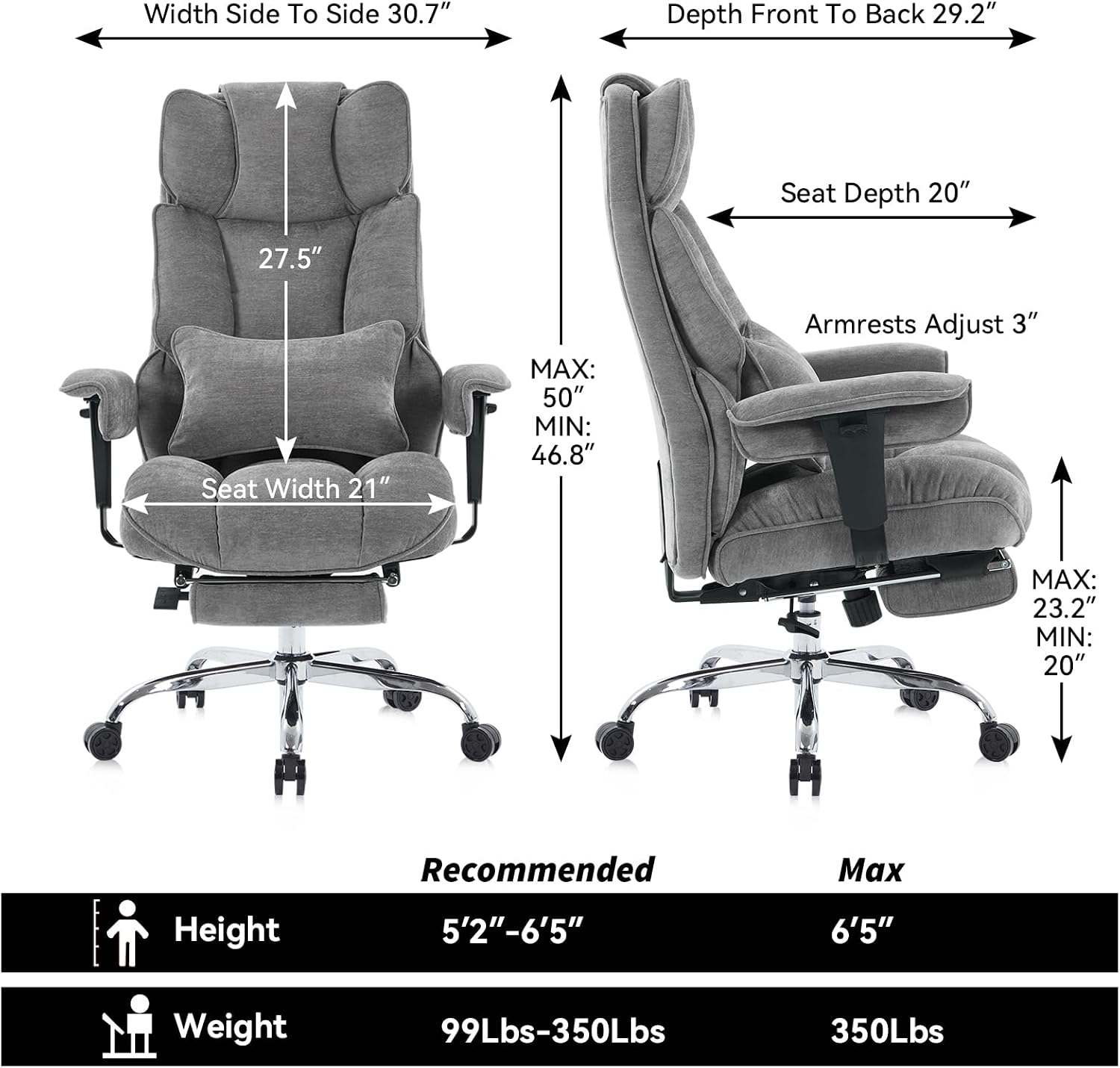 Efomao Executive Office Chair, Soft-Cushioned Computer Chair with Foot Rest, Fabric Home Office Desk Chairs, Big and Tall Office Chairs, Grey