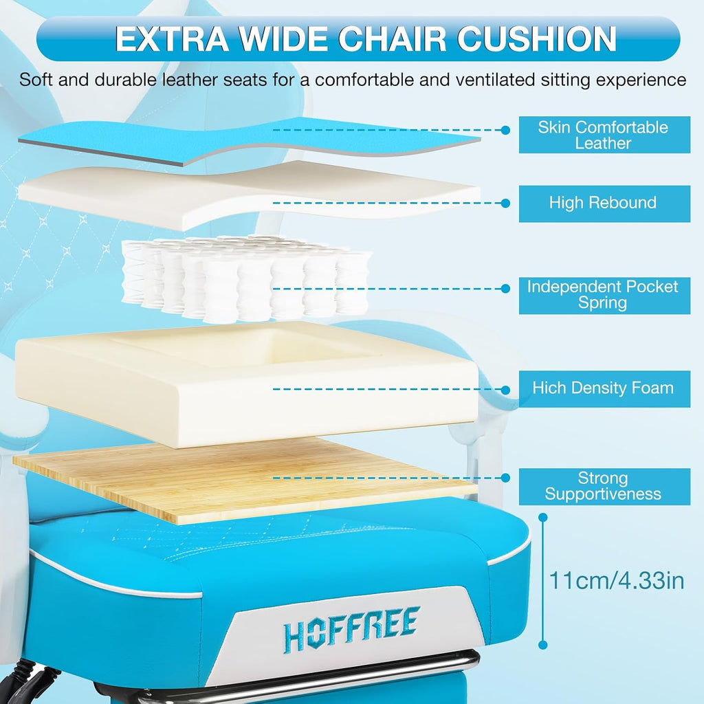 HOFFREE Gaming Chair Computer Chair with Speakers Massage Game Chairs with Footrest Bluetooth High Back Ergonomic Computer Gaming Chairs for Adults Reclining Video Gamer Chair Sky Blue and White