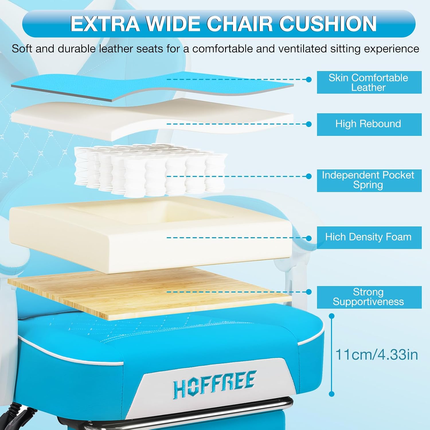 HOFFREE Gaming Chair Computer Chair with Speakers Massage Game Chairs with Footrest Bluetooth High Back Ergonomic Computer Gaming Chairs for Adults Reclining Video Gamer Chair Sky Blue and White