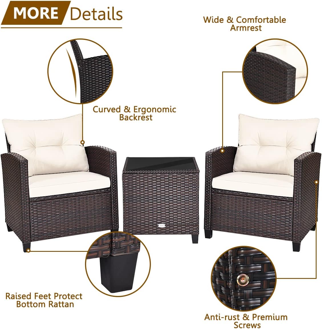 KOTEK 3 Piece Patio Furniture Set, Outdoor Conversation Set with Washable Cushions & Tempered Glass Tabletop, PE Rattan Wicker Bistro Set for Porch, Garden, Balcony (White)