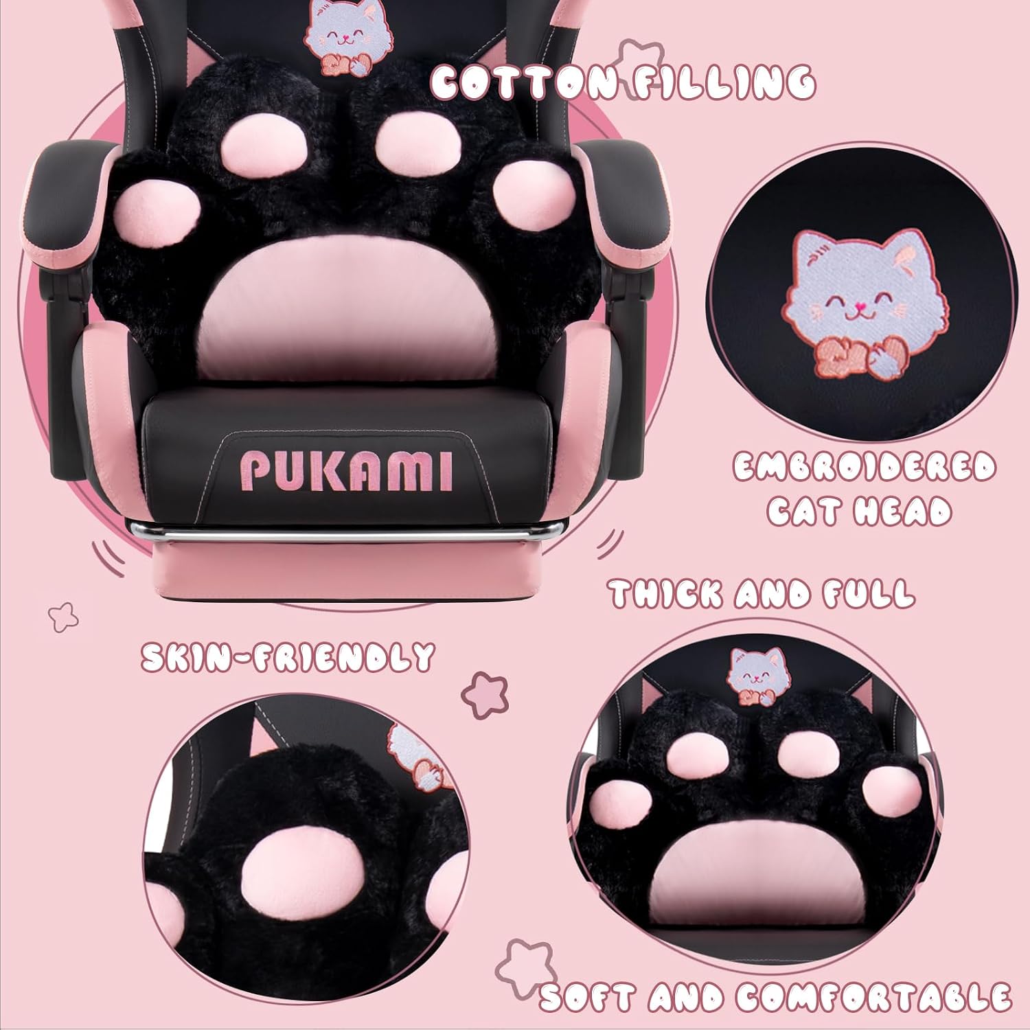 PUKAMI Gaming Chair with Cat Ears,Cute Computer Chair for Girl with Footrest,Ergonomic Gamer Chair, Kawaii Gaming Chair, Game Chair (Light Black)