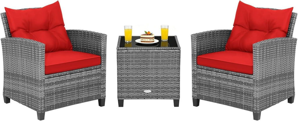 COSTWAY 3PCS Patio Furniture Set, PE Rattan Wicker Sofa w/Washable Cushion and Coffee Table, Tempered Glass Tabletop, Outdoor Conversation Set for Balcony, Porch, Yard, Backyard, Lawn, Red