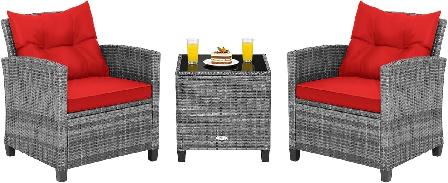 COSTWAY 3PCS Patio Furniture Set, PE Rattan Wicker Sofa w/Washable Cushion and Coffee Table, Tempered Glass Tabletop, Outdoor Conversation Set for Balcony, Porch, Yard, Backyard, Lawn, Red